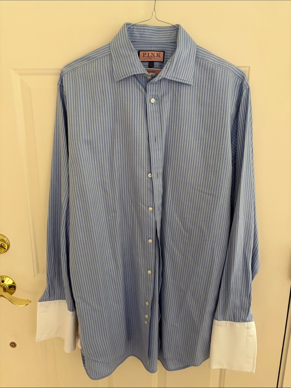 PINK Victoria's Secret Light Blue Pinstripe Men's Dress Shirt with White Cuffs